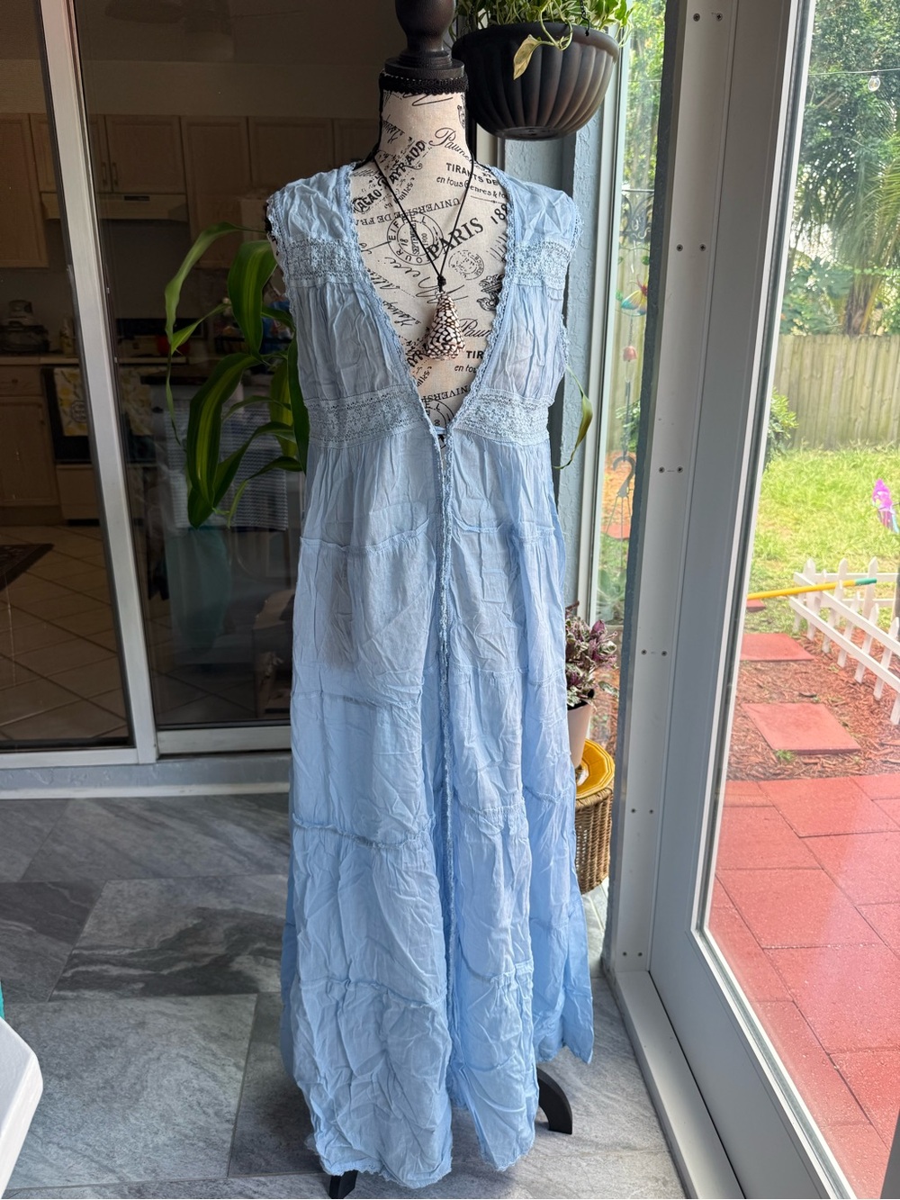 Light Blue Boho Maxi Dress - Deep V, Lace Trim